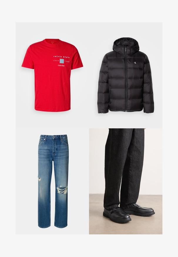 Black puffer jacket with a hood, featuring a quilted design, zip front closure, and two side pockets. Small logo on the chest.; Red cotton t-shirt featuring a crew neckline, short sleeves, and a printed logo design in white and blue, with "since 1968" text.; Light blue denim jeans with a high waist, straight leg, and distressed rips on both knees. Features classic five-pocket design and a button closure.; Black leather shoes with a textured finish, featuring a raised seam design and a sturdy rubber sole, worn with dark denim pants.