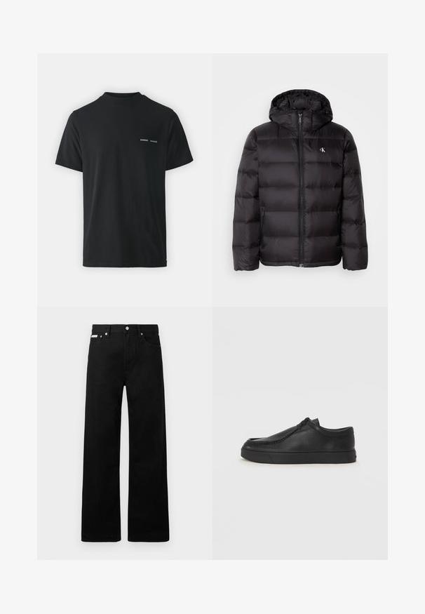 Schwarze Steppdaunenjacke mit Kapuze, mit gestepptem Design, Reißverschluss vorne und zwei Seitentaschen. Kleines Logo auf der Brust.; Schwarzes Baumwoll-T-Shirt mit klassischem Rundhalsausschnitt, kurzen Ärmeln und zwei kleinen weißen "SAMSØE"-Logos auf der linken Brust.; Schwarze Denim-Hose im weiten Bein-Design mit fünf Taschen und metallenen Knopfdetails. Glatte Textur, ohne sichtbare Muster.; Schwarze Leder-Schlupfschuhe mit runder Zehenform, genähten Details und schwarzer Gummisohle. Glatte Textur mit minimalistischem Design.