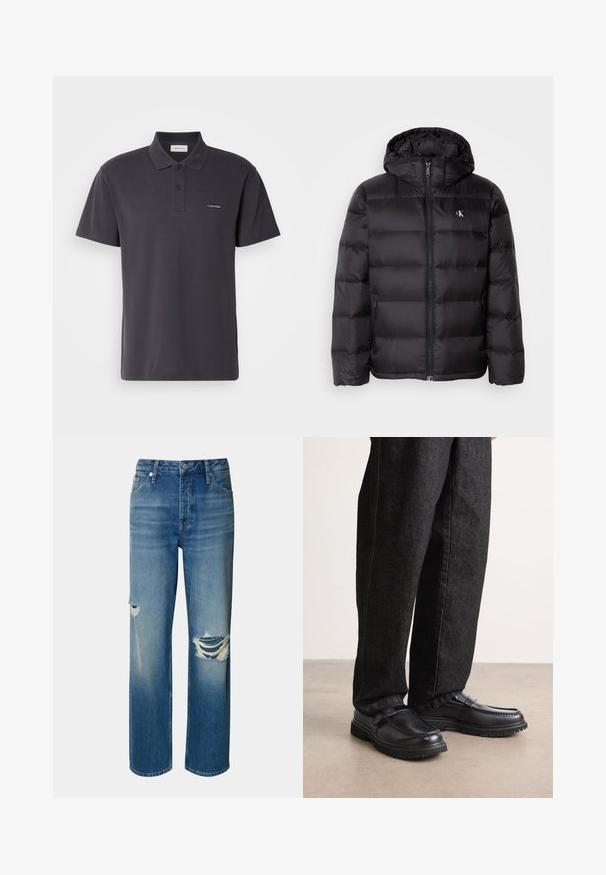 Melna pūkaina jaka ar kapuci, ar šūtu rakstu, rāvējslēdzēja aizdari priekšpusē un divām sānu kabatām. Mazs logotips uz krūtīm.; Tumši pelēks polo krekls, kas izgatavots no gludas auduma, ar apkakles dekoltē, divu pogu apdari un mazu izšūtu logo uz krūšu.; Gai zili džinsi ar augstu jostasvietu, taisnu kāju un nolietotām plēstēm abās ceļgalos. Iespējo klasisko piecu kabatu dizainu un pogu aizdares sistēmu.; Melnas ādas kurpes ar teksturētu apdari, kurām ir pacelta šuvju dizains un izturīga gumijas zole, valkātas ar tumšiem džinsu biksēm.
