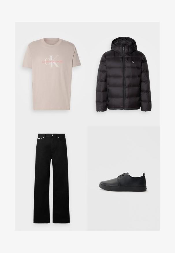 Crna jakna s kapuljačom, protkana dizajnom s prošivima, zatvaranjem na patentni zatvarač sprijeda i dva bočna džepa. Mali logotip na prsima.; Bež majica od pamuka s okruglim izrezom, kratkim rukavima, koja na prednjoj strani ima suptilan bijeli i ružičasti dizajn logotipa "Calvin Klein Jeans".; Crne traperice širokog kroja, s pet džepova i metalnim dugmadi. Glatka tekstura, bez vidljivih uzoraka.; Crne kožne tenisice s glatkom površinom, zaobljenim vrhom, tonom prošivanja, vezanjem sprijeda i ravnim gumenim potplatom. Oko pete se nalazi učka.