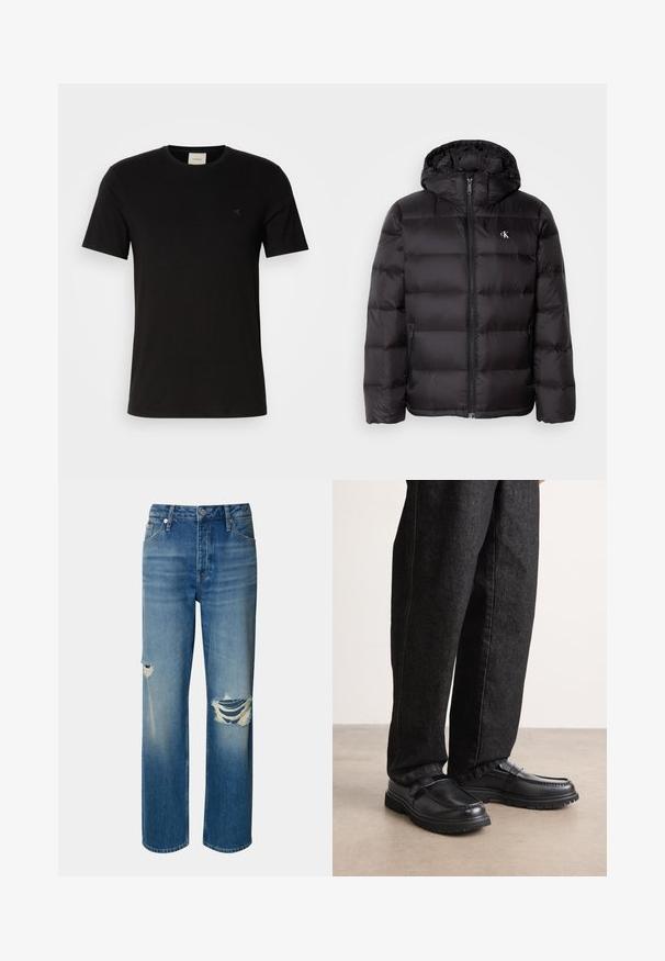 Black puffer jacket with a hood, featuring a quilted design, zip front closure, and two side pockets. Small logo on the chest.; Black cotton t-shirt with short sleeves, round neckline, and a small Calvin Klein logo on the chest. Smooth texture, classic fit.; Light blue denim jeans with a high waist, straight leg, and distressed rips on both knees. Features classic five-pocket design and a button closure.; Black leather shoes with a textured finish, featuring a raised seam design and a sturdy rubber sole, worn with dark denim pants.