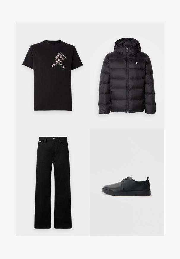 Casaco acolchoado preto com capuz, apresentando um design acolchoado, fecho frontal com fecho éclair e dois bolsos laterais. Pequeno logótipo no peito.; T-shirt preto em algodão com impressão diagonal do logotipo "calvin klein" em rosa na parte frontal. Mangas curtas e decote redondo.; Calças de ganga pretas com um design de pernas largas, apresentando cinco bolsos e fechos metálicos. Textura suave, sem padrões visíveis.; Sapatilha de couro preta com um acabamento liso, bico arredondado, costura ton sur ton, frente com atacadores e sola plana de borracha. Alça no calcanhar.