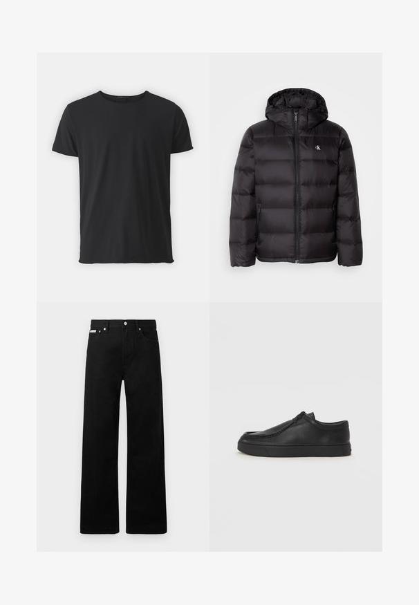 Geacă puff neagră cu glugă, cu design matlasat, închidere frontală cu fermoar și două buzunare laterale. Logo mic pe piept.; Tricou negru cu mânecă scurtă, fabricat din bumbac moale, având un guler clasic de tip crew și o textură netedă, cu un croi drept.; Pantaloni din denim negri cu un design cu picioare largi, având cinci buzunare și accesorii metalice pentru butoane. Textură netedă, fără modele vizibile.; Pantofii din piele neagră, fără șireturi, cu vârful rotund, detalii cusute și talpă din cauciuc negru. Textură netedă cu un design minimalist.