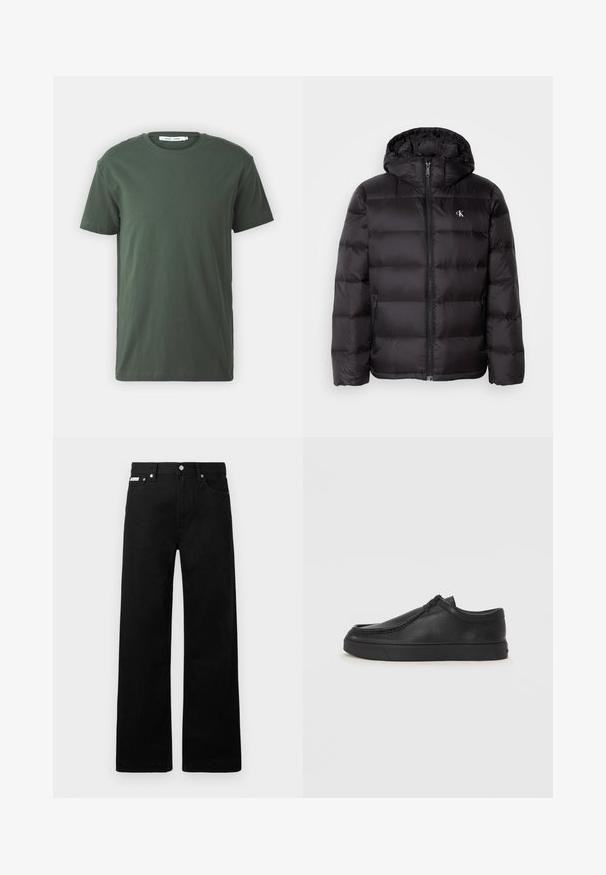 Crna jakna s kapuljačom, protkana dizajnom s prošivima, zatvaranjem na patentni zatvarač sprijeda i dva bočna džepa. Mali logotip na prsima.; Tamnozelena pamučna majica, kratki rukavi, okrugli izrez, opušteni kroj, jednostavan dizajn i glatka tekstura bez vidljivih uzoraka ili detalja.; Crne traperice širokog kroja, s pet džepova i metalnim dugmadi. Glatka tekstura, bez vidljivih uzoraka.; Crne kožne cipele bez vezivanja s okruglim vrhom, šivanim detaljima i crnom gumenom potplatom. Glatka tekstura s minimalističkim dizajnom.