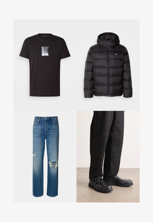 Juoda pūkinė striukė su gaubtu, su siuvinėta tekstūra, priekyje su užtrauktuku ir dviem šoninėmis kišenėmis. Mažas logotipas ant krūtinės.; Juodas medvilnės marškinėlis su baltu grafišku spaudiniu "Calvin Klein Jeans" vertikalioje stačiakampyje centre. Trumpomis rankovėmis, apvalia iškirpte.; Šviesiai mėlynos džinsinės kelnės su aukštu juosmeniu, tiesiomis kojomis ir pažeidimais (plyšiais) abiejose keliuose. Dėl klasikinio penkių kišenių dizaino ir mygtuko uždarymo.; Juodos odinės bateliai su tekstūruotu paviršiumi, turintys iškilusių siūlių dizainą ir tvirtą guminį padas, dėvimi su tamsiai mėlynomis džinsinėmis kelnėmis.