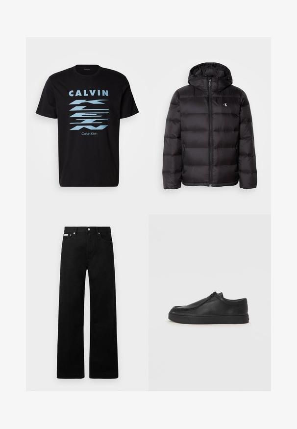 Musta kapuutsiga laskujõkke mantel, millel on tikitud muster, ees lukk ja kaks küljetaskut. Väike logo rinnal.; Must musta T-särk, millel on helesinised geomeetrilised kirjad ja graafika. Klassikaline ringkaelus ja lühikesed varrukad, millel on mugav lõige.; Mustadest denimist püksid laiade jalgadega, viie tasku ja metallist nööpidega. Sile tekstuur, nähtavad mustrid puuduvad.; Must na ostri varvastega musta nahast libisemisega king, millel on tikand ja must kummitald. Sile tekstuur ja minimalistik disain.