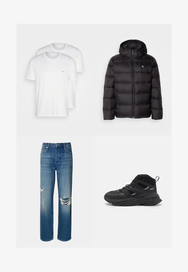 Zwarte gewatteerde jas met capuchon, voorzien van een doorgestikt ontwerp, ritssluiting aan de voorkant en twee zijzakken. Klein logo op de borst.; Witte katoenen t-shirts met een ronde hals, korte mouwen en een klein zwart "ck" logo op de borst. Twee shirts zijn tentoongesteld.; Lichtblauwe denim jeans met een hoge taille, rechte pijpen en versleten scheuren op beide knieën. Voorzien van het klassieke vijf-pocket ontwerp en een knoopsluiting.; Zwarte wandelschoenen met een gelaagd ontwerp, textiele stof en rubberen zool, met verstevigde delen en een vetersluiting aan de voorkant.
