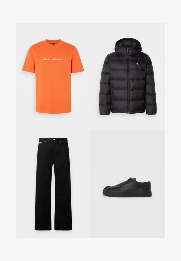 Musta kapuutsiga laskujõkke mantel, millel on tikitud muster, ees lukk ja kaks küljetaskut. Väike logo rinnal.; Erkki oranž puuvillane t-särk, ümmarguse kaelusega ja lühikeste varrukatega. Ees on valge kiri "BARBOUR INTERNATIONAL".; Mustadest denimist püksid laiade jalgadega, viie tasku ja metallist nööpidega. Sile tekstuur, nähtavad mustrid puuduvad.; Must na ostri varvastega musta nahast libisemisega king, millel on tikand ja must kummitald. Sile tekstuur ja minimalistik disain.