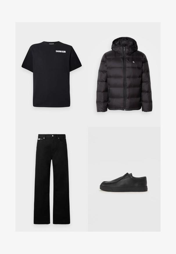Musta kapuutsiga laskujõkke mantel, millel on tikitud muster, ees lukk ja kaks küljetaskut. Väike logo rinnal.; Must musta T-särk, ümar kaelus, lühikesed varrukad ja valge "CALVIN KLEIN" logo trükitud vasakule ülemisele poole.; Mustadest denimist püksid laiade jalgadega, viie tasku ja metallist nööpidega. Sile tekstuur, nähtavad mustrid puuduvad.; Must na ostri varvastega musta nahast libisemisega king, millel on tikand ja must kummitald. Sile tekstuur ja minimalistik disain.