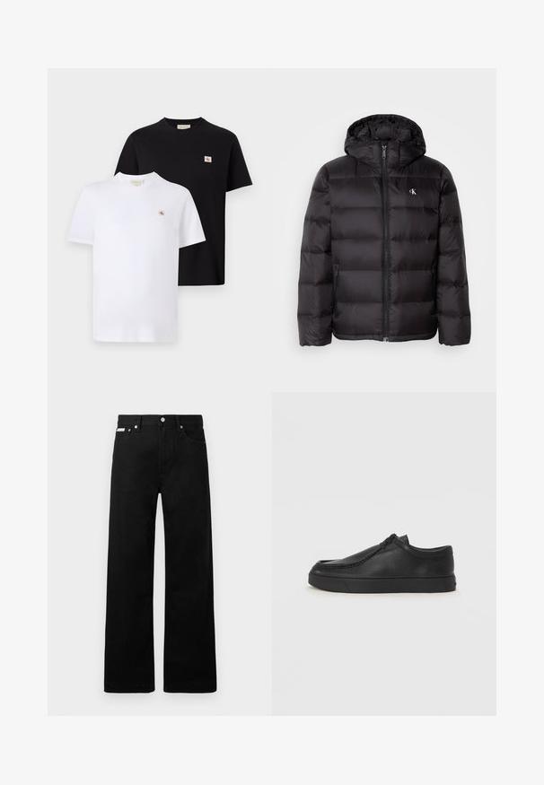 Casaco acolchoado preto com capuz, apresentando um design acolchoado, fecho frontal com fecho éclair e dois bolsos laterais. Pequeno logótipo no peito.; Duas t-shirts de manga curta em algodão preto e branco, apresentando um pequeno logo no peito e um design clássico de gola redonda.; Calças de ganga pretas com um design de pernas largas, apresentando cinco bolsos e fechos metálicos. Textura suave, sem padrões visíveis.; Sapata slip-on de couro preto com biqueira arredondada, detalhes cosidos e sola de borracha preta. Textura suave com design minimalista.