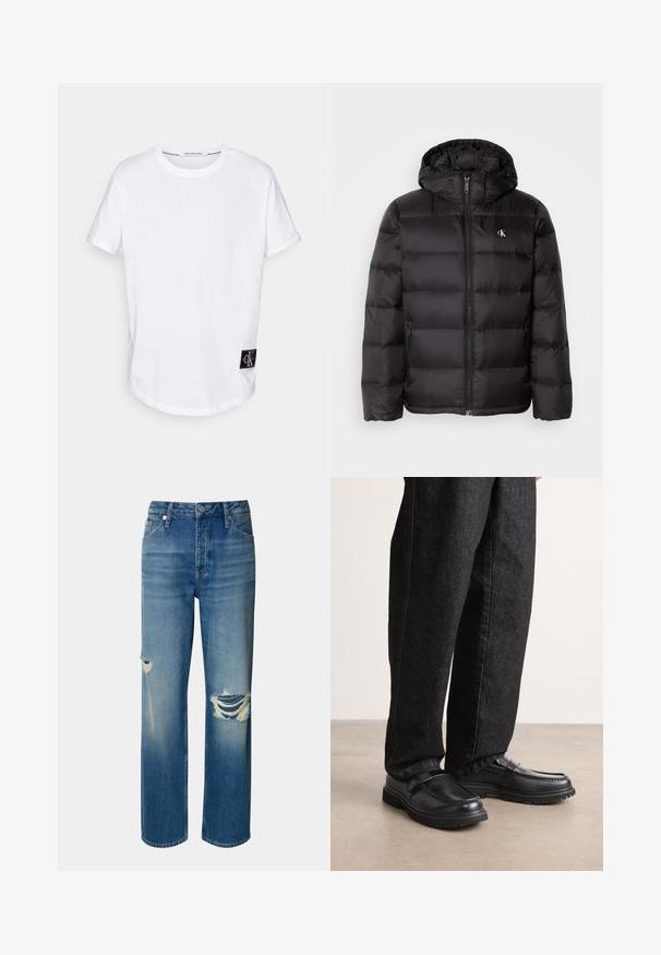 Juoda pūkinė striukė su gaubtu, su siuvinėta tekstūra, priekyje su užtrauktuku ir dviem šoninėmis kišenėmis. Mažas logotipas ant krūtinės.; Balta medvilninė marškinėliai su trumpomis, suktomis rankovėmis, apvaliu apačiu ir juodu logotipo etiketė, kurioje užrašyta "CK" kairėje apačioje.; Šviesiai mėlynos džinsinės kelnės su aukštu juosmeniu, tiesiomis kojomis ir pažeidimais (plyšiais) abiejose keliuose. Dėl klasikinio penkių kišenių dizaino ir mygtuko uždarymo.; Juodos odinės bateliai su tekstūruotu paviršiumi, turintys iškilusių siūlių dizainą ir tvirtą guminį padas, dėvimi su tamsiai mėlynomis džinsinėmis kelnėmis.