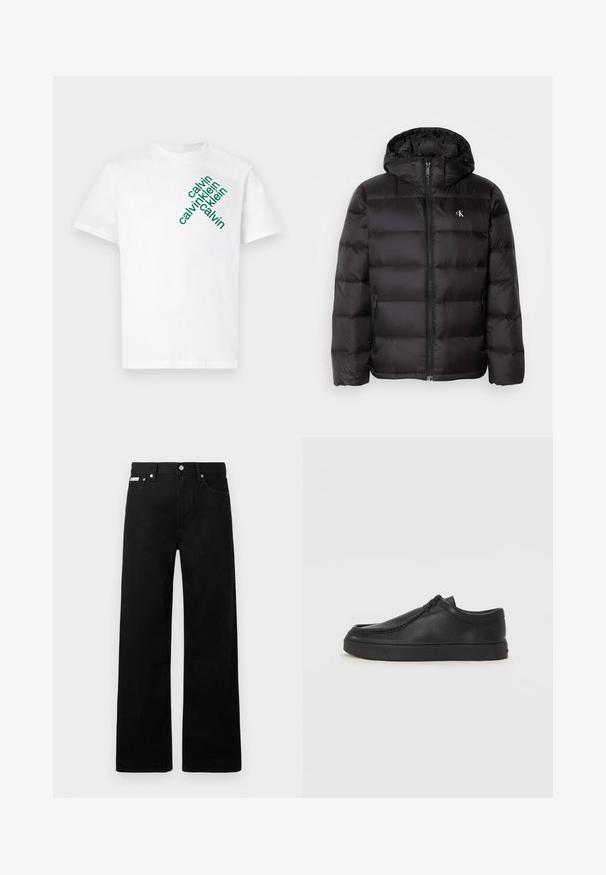 Chaqueta acolchada negra con capucha, con diseño acolchado, cierre frontal con cremallera y dos bolsillos laterales. Pequeño logotipo en el pecho.; Camiseta blanca de algodón con texto diagonal en verde que dice "calvin klein" en diferentes tamaños en la parte delantera. Diseño de manga corta y cuello redondo.; Pantalones de mezclilla negros con un diseño de pierna ancha, que cuentan con cinco bolsillos y herrajes de botón metálico. Textura suave, sin patrones visibles.; Zapato de piel negro tipo slip-on con punta redonda, detalles de costura y suela de goma negra. Textura suave con un diseño minimalista.