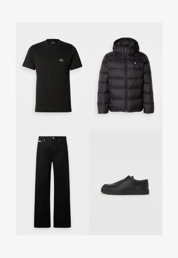 Zwarte gewatteerde jas met capuchon, voorzien van een doorgestikt ontwerp, ritssluiting aan de voorkant en twee zijzakken. Klein logo op de borst.; Zwarte katoenen t-shirt met korte mouwen, ronde hals en een klein wit logo op de linkerborst. Gladde textuur en klassieke pasvorm.; Zwarte spijkerbroek met een wijd uitlopende pasvorm, voorzien van vijf zakken en metallic knopen. Gladde textuur, geen zichtbare patronen.; Zwarte leren instapschoen met een ronde neus, gestikte details en een zwarte rubberen zool. Soepele textuur met een minimalistisch ontwerp.