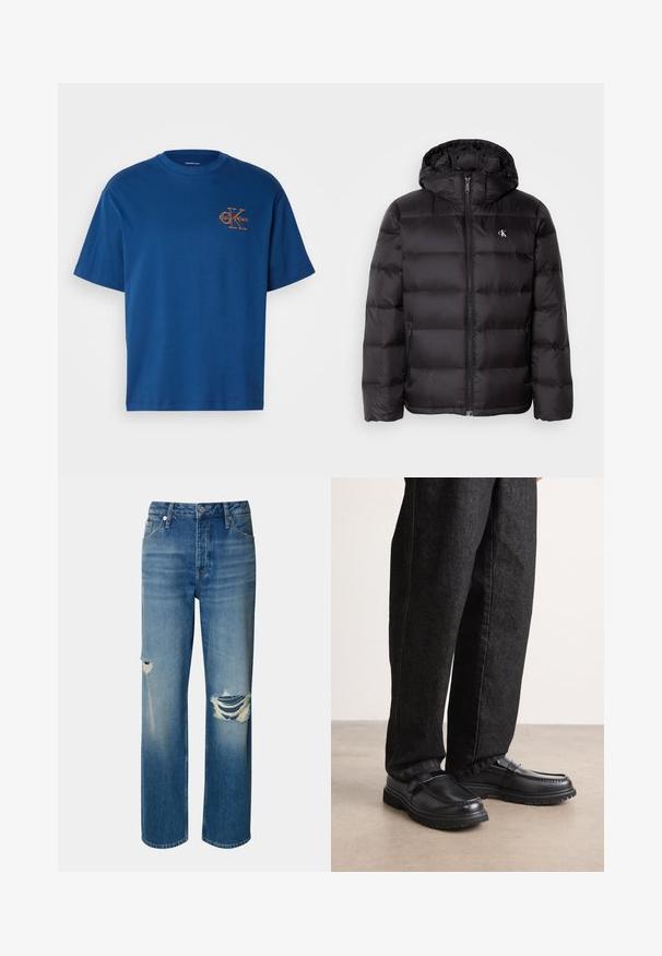 Juoda pūkinė striukė su gaubtu, su siuvinėta tekstūra, priekyje su užtrauktuku ir dviem šoninėmis kišenėmis. Mažas logotipas ant krūtinės.; Mėlyna medvilninė marškinė su apvalia iškirpte, trumpomis rankovėmis ir oranžiniu Calvin Klein logotipu kairėje krūtinės pusėje. Paprastas ir klasikinis siluetas.; Šviesiai mėlynos džinsinės kelnės su aukštu juosmeniu, tiesiomis kojomis ir pažeidimais (plyšiais) abiejose keliuose. Dėl klasikinio penkių kišenių dizaino ir mygtuko uždarymo.; Juodos odinės bateliai su tekstūruotu paviršiumi, turintys iškilusių siūlių dizainą ir tvirtą guminį padas, dėvimi su tamsiai mėlynomis džinsinėmis kelnėmis.