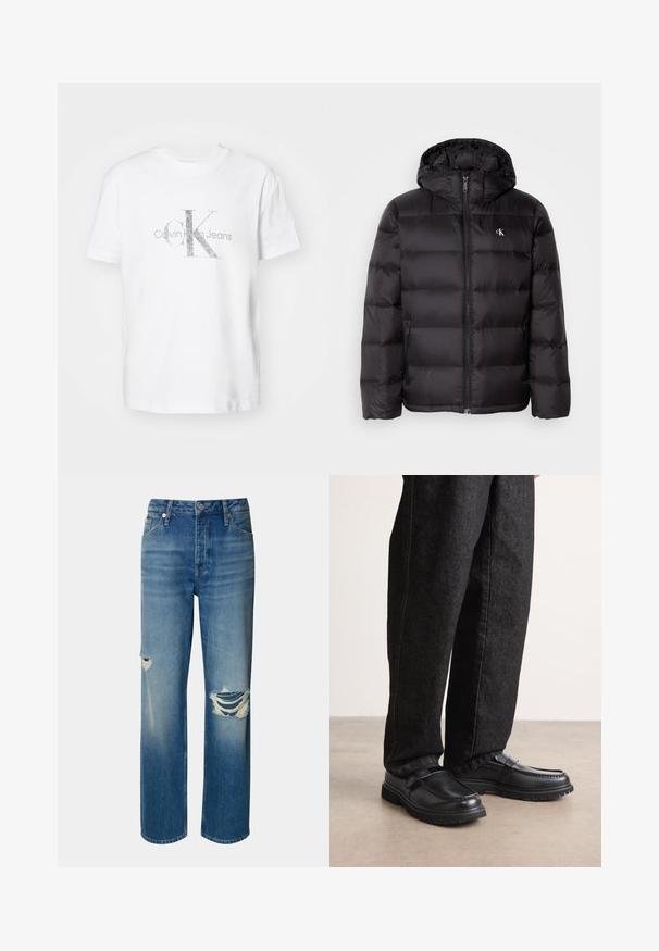 Černá péřová bunda s kapucí, která má prošitou strukturu, zapínání na zip vpředu a dvě boční kapsy. Malé logo na hrudi.; Bílý bavlněný tričko s velkým šedým logem "CK" a textem "Calvin Klein Jeans" pod ním. Krátké rukávy, kulatý výstřih.; Svetle modré džíny z denimu s vysokým pasem, rovnými nohavicemi a obtížnými roztrženinami na obou kolenou. Obsahují klasický design s pěti kapsami a zapínání na knoflík.; Černé kožené boty s texturovaným povrchem, vyznačující se vystouplým švem a pevnou gumovou podrážkou, nošené s tmavými džíny.
