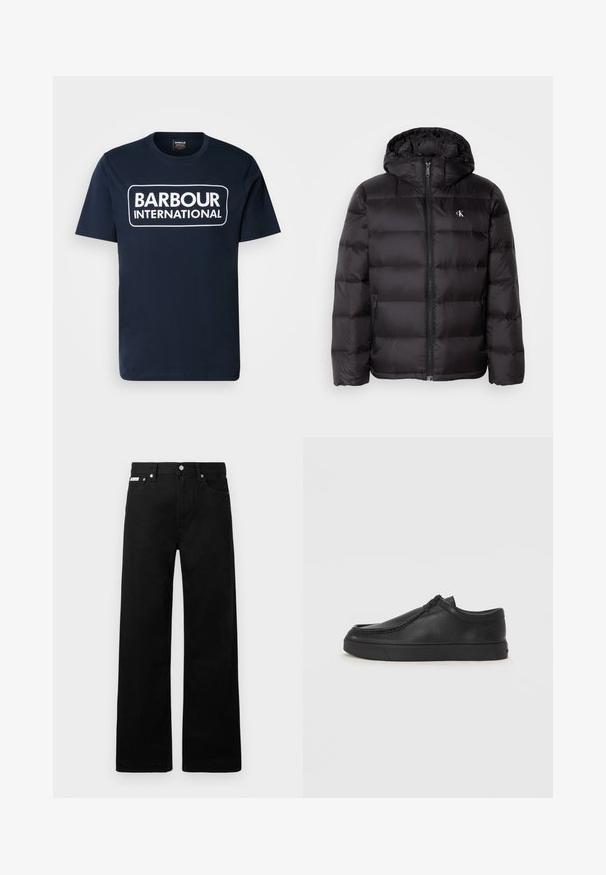 Musta kapuutsiga laskujõkke mantel, millel on tikitud muster, ees lukk ja kaks küljetaskut. Väike logo rinnal.; Tumesinine puuvillane T-särk, mille esiküljel on suur valge "BARBOUR INTERNATIONAL" logo ristküliku äärisega. Lühikesed varrukad, ümardatud kaelus.; Mustadest denimist püksid laiade jalgadega, viie tasku ja metallist nööpidega. Sile tekstuur, nähtavad mustrid puuduvad.; Must na ostri varvastega musta nahast libisemisega king, millel on tikand ja must kummitald. Sile tekstuur ja minimalistik disain.