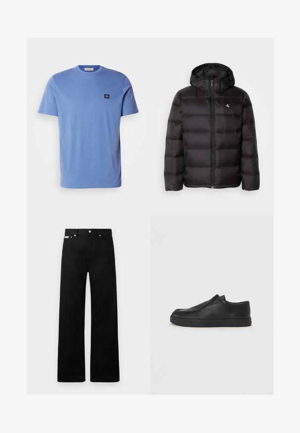 Casaco acolchoado preto com capuz, apresentando um design acolchoado, fecho frontal com fecho éclair e dois bolsos laterais. Pequeno logótipo no peito.; T-shirt de algodão azul claro de mangas curtas com decote redondo, apresentando um pequeno emblema em azul escuro no lado esquerdo do peito. Textura suave.; Calças de ganga pretas com um design de pernas largas, apresentando cinco bolsos e fechos metálicos. Textura suave, sem padrões visíveis.; Sapata slip-on de couro preto com biqueira arredondada, detalhes cosidos e sola de borracha preta. Textura suave com design minimalista.