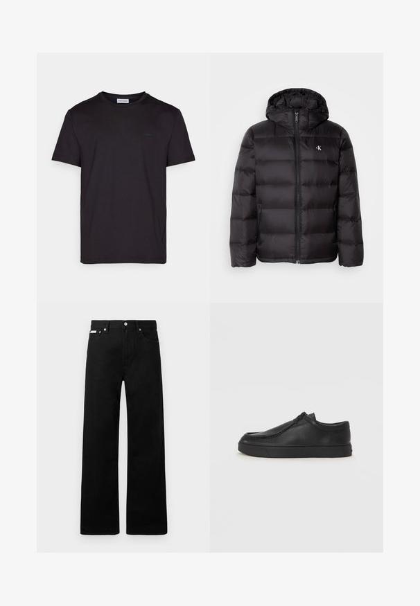 Fekete, kapucnis steppelt mintájú dzseki elöl cipzáras záródással és két oldalzsebbel. Kis logó a mellrészen.; Fekete, rövid ujjú póló sima pamutból, kerek nyakkivágással és egy diszkrét logó címkével a mellkasán. Letisztult és egyszerű dizájn.; Fekete farmernadrág széles szabással, öt zsebbel és fém gombos díszítéssel. Sima felület, látható minták nélkül.; Fekete bőr slip-on cipő lekerekített orral, varrott részletekkel és fekete gumitalppal. Simaság és minimalista dizájn jellemzi.