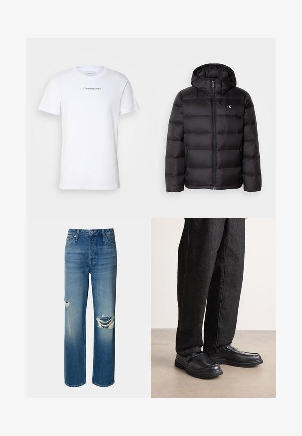 Black puffer jacket with a hood, featuring a quilted design, zip front closure, and two side pockets. Small logo on the chest.; White cotton t-shirt featuring short sleeves, round neckline, and a printed "Calvin Klein Jeans" logo in black across the chest.; Light blue denim jeans with a high waist, straight leg, and distressed rips on both knees. Features classic five-pocket design and a button closure.; Black leather shoes with a textured finish, featuring a raised seam design and a sturdy rubber sole, worn with dark denim pants.