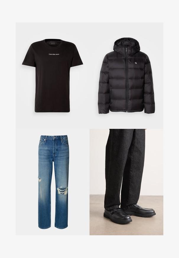 Melna pūkaina jaka ar kapuci, ar šūtu rakstu, rāvējslēdzēja aizdari priekšpusē un divām sānu kabatām. Mazs logotips uz krūtīm.; Melnas kokvilnas T-krekls ar īsām piedurknēm un apaļu kakla izgriezumu. Uz krūtīm ir baltais "Calvin Klein Jeans" logo. Gluda tekstūra.; Gai zili džinsi ar augstu jostasvietu, taisnu kāju un nolietotām plēstēm abās ceļgalos. Iespējo klasisko piecu kabatu dizainu un pogu aizdares sistēmu.; Melnas ādas kurpes ar teksturētu apdari, kurām ir pacelta šuvju dizains un izturīga gumijas zole, valkātas ar tumšiem džinsu biksēm.