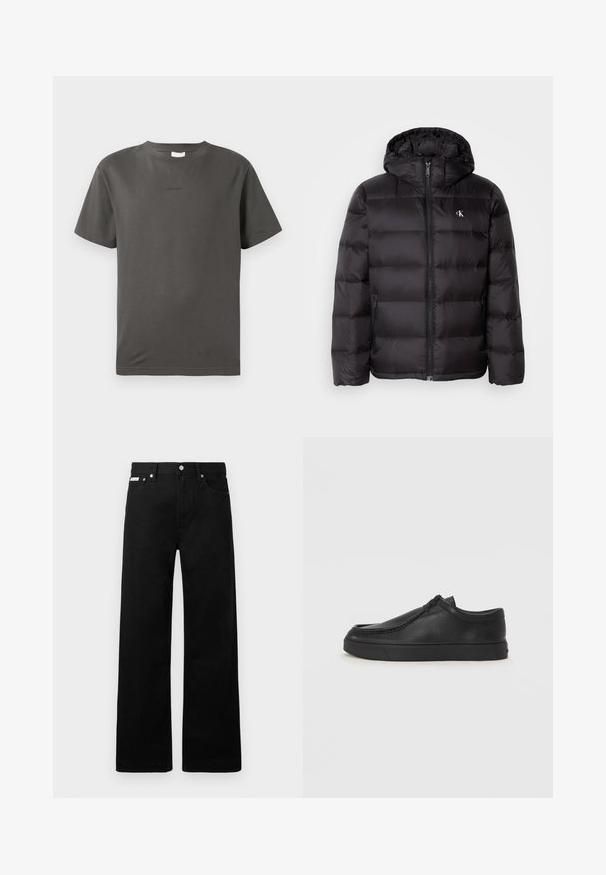 Sort dunjakke med hætte, prydet med et quiltet design, lynlås foran og to sidelommer. Lille logo på brystet.; Grå bomulds t-shirt med rund hals og korte ærmer. Har et lille, diskret logo på forsiden. Glat tekstur og klassisk pasform.; Sorte denimbukser med bred ben-design, der har fem lommer og metallisk knapdetalje. Glat tekstur, uden synlige mønstre.; Sorte læderslippersko med en rund tå, stikninger og sort gummisål. Glat tekstur med minimalistisk design.