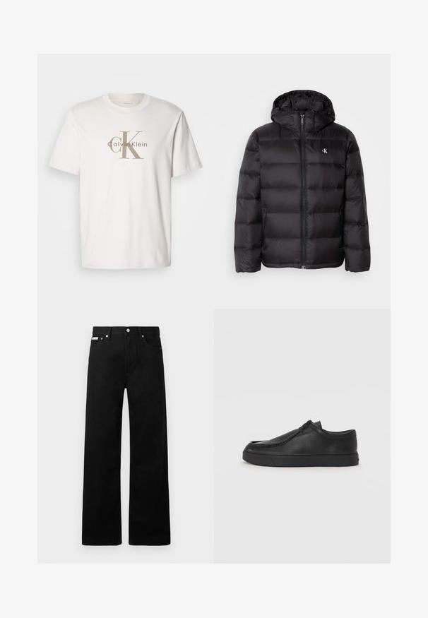 Black puffer jacket with a hood, featuring a quilted design, zip front closure, and two side pockets. Small logo on the chest.; White short-sleeve cotton t-shirt with beige "cK Calvin Klein" logo printed across the chest, round neckline, and relaxed fit.; Black denim pants with a wide-leg design, featuring five pockets and metallic button hardware. Smooth texture, no visible patterns.; Black leather slip-on shoe with a rounded toe, stitched detailing, and black rubber sole. Smooth texture with minimalistic design.
