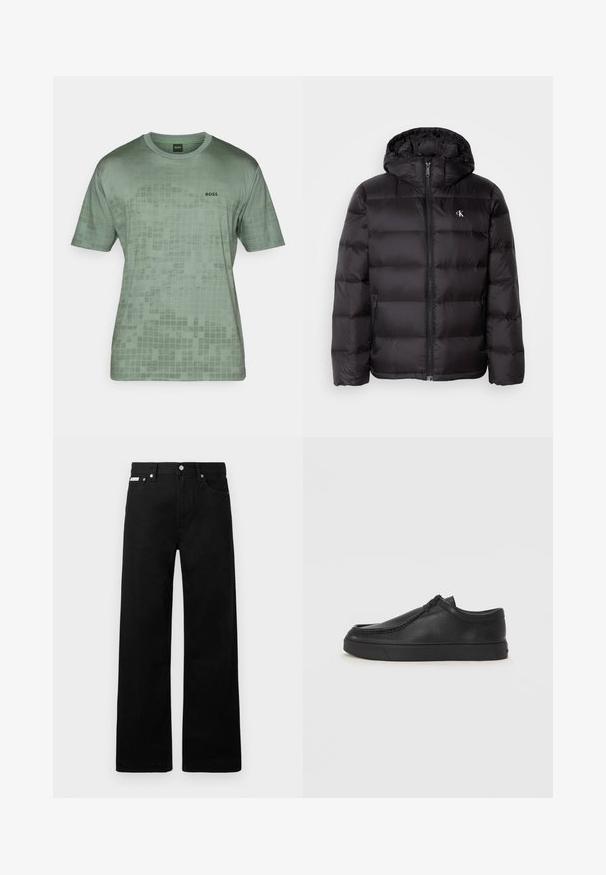 Sort dunjakke med hætte, prydet med et quiltet design, lynlås foran og to sidelommer. Lille logo på brystet.; Grøn kortærmet T-shirt lavet af glat stof, med et rutemønster og et sort "BOSS" logo på venstre bryst.; Sorte denimbukser med bred ben-design, der har fem lommer og metallisk knapdetalje. Glat tekstur, uden synlige mønstre.; Sorte læderslippersko med en rund tå, stikninger og sort gummisål. Glat tekstur med minimalistisk design.