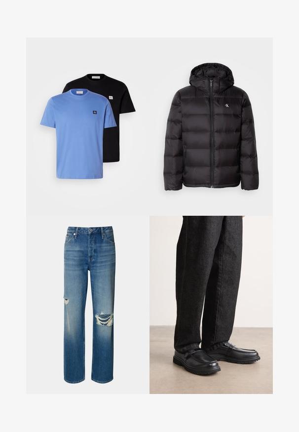 Chaqueta acolchada negra con capucha, con diseño acolchado, cierre frontal con cremallera y dos bolsillos laterales. Pequeño logotipo en el pecho.; Dos camisetas de algodón, una de color azul claro y otra negra, con cuellos redondos y pequeños parches de logo en el pecho. Textura suave.; Vaqueros de mezclilla azul claros con cintura alta, pierna recta y desgastes con roturas en ambas rodillas. Presenta un diseño clásico de cinco bolsillos y un cierre de botón.; Zapatos de cuero negro con acabado texturizado, que cuentan con un diseño de costura elevada y suela de goma resistente, combinados con pantalones de mezclilla oscuros.