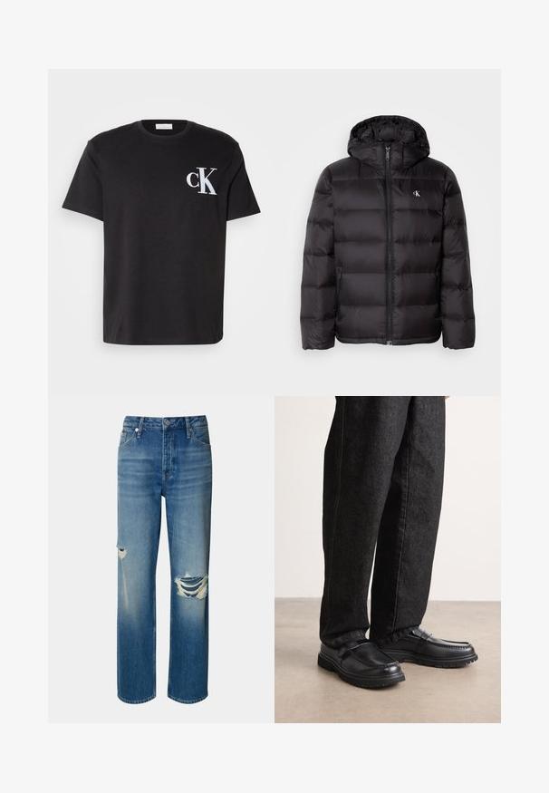 Čierna prešívaná bunda s kapucňou, obsahujúca prešívaný dizajn, predný zips a dve bočné vrecká. Malé logo na hrudi.; Čierne bavlnené tričko s bielou vyšitou „CK“ logom na ľavej hrudi. Klasický okrúhly výstrih a krátke rukávy, s voľným strihom.; Svetlomodré džínsy s vysokým pásom, rovnými nohavicami a poškodenými miestami na oboch kolenách. Obsahujú klasický dizajn s piatimi vreckami a zapínanie na gombík.; Čierne kožené topánky s textúrovaným povrchom, s vystúpeným švom a pevnou gumovou podrážkou, nosené s tmavými džínsami.
