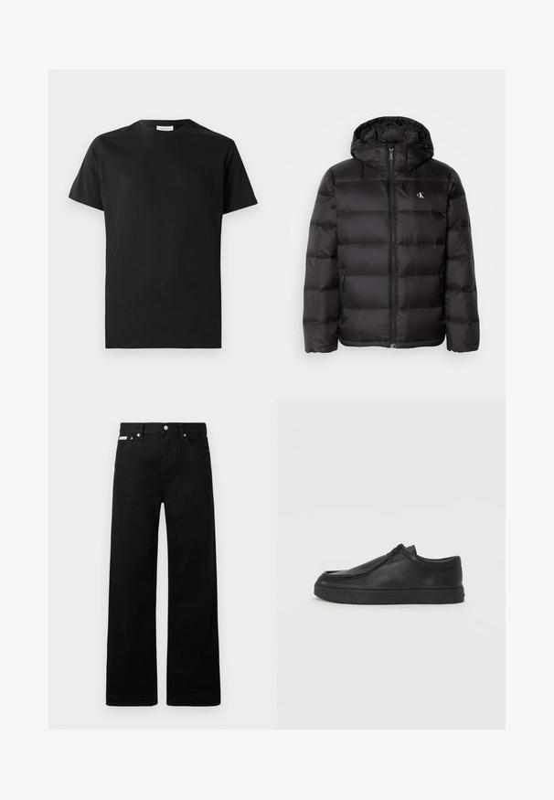 Musta toppatakki hupulla, jossa tikattu pintakuvio, vetoketjulla suljettava etuosa ja kaksi sivutaskua. Pieni logo rinnassa.; Lyhythihainen musta t-paita puuvillasta, jossa on pyöreä pääntie ja huomaamattomia logoyksityiskohtia rinnassa. Tasainen rakenne ja normaali istuvuus.; Mustat farkut leveällä lahkeella, joissa on viisi taskua ja metalliset napit. Sileä pinta, ei näkyviä kuvioita.; Musta nahkainen slip-on-kengät pyöristetyllä varvalla, tikattu yksityiskohta ja musta kumipohja. Sileä pinta ja minimalistinen muotoilu.