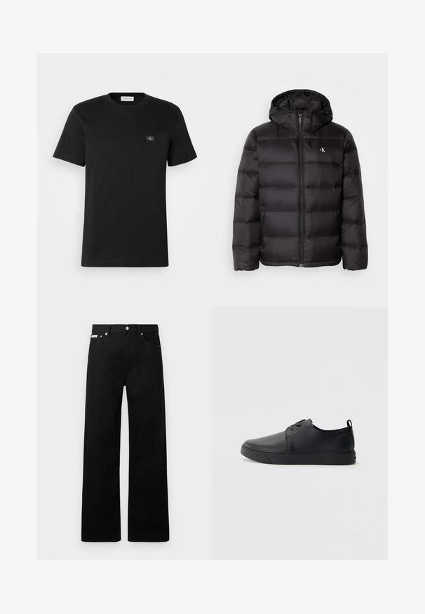 Sort dunjakke med hætte, prydet med et quiltet design, lynlås foran og to sidelommer. Lille logo på brystet.; Sort bomulds T-shirt med rund hals, korte ærmer og et lille logo-patch på venstre bryst. Glat tekstur, klassisk pasform.; Sorte denimbukser med bred ben-design, der har fem lommer og metallisk knapdetalje. Glat tekstur, uden synlige mønstre.; Sorte lædersneakers med en glat finish, rund tå, tonalt syning, snøring foran og en flad gummisål. Løkke ved hælen.