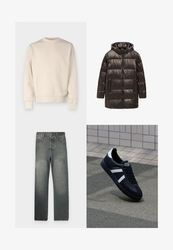 Cappotto imbottito nero con cappuccio, caratterizzato da un design trapuntato, chiusura frontale con cerniera e due tasche laterali. Finitura lucida con una texture liscia.; Felpa beige in un fit rilassato, con colletto a girocollo, maniche lunghe, polsini e orlo a costine. Tessuto liscio con decorazioni minime.; Jack & Jones JJIALEX JJCOOPER - Jeans baggy - black denim; Sneaker neri in pelle con strisce bianche, suola in gomma texturizzata e allacciatura frontale. Presenta un'etichetta con il marchio sulla linguetta.