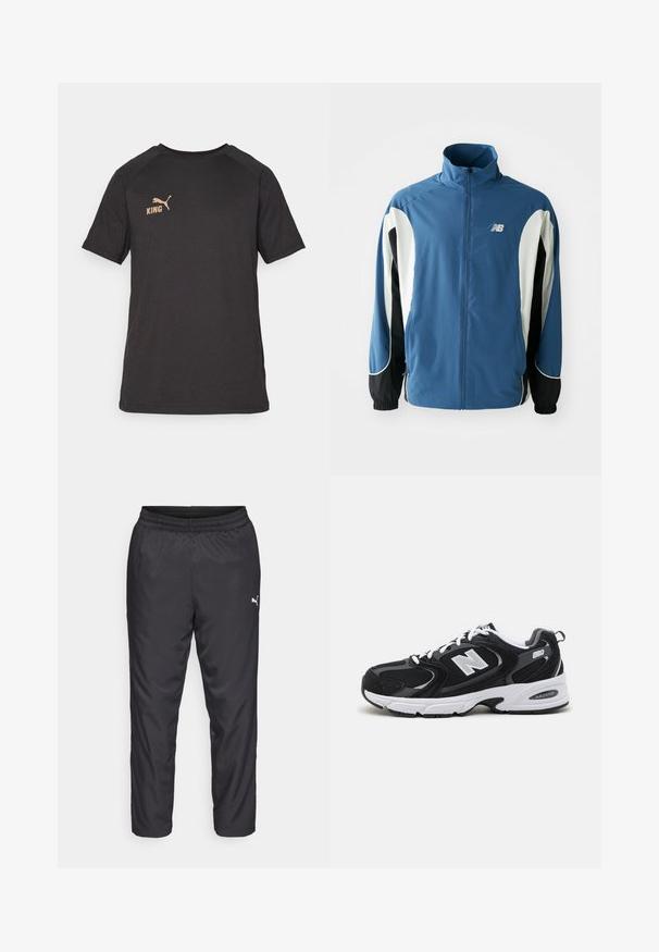 Blue, white, and black New Balance zip-up sports jacket with high collar and elastic cuffs, shown on a plain white background.; Black short-sleeve t-shirt made of soft fabric. Features a gold "KING" logo and a gold Puma logo on the left chest area.; Black athletic pants made of smooth, lightweight material. Features an elastic waistband and a small white logo on the left side.; Black and gray athletic shoes with mesh and suede upper, featuring a white midsole, laces, and a bold "N" logo on the side.
