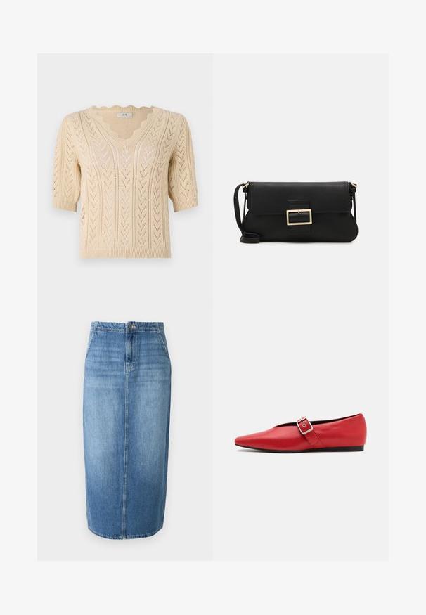 Fekete puffernadrág kapucnival, elülső zipzárral és vízszintes varrással a szigetelés érdekében. Simító textúrájú, dobozos fazonú.; Beige kötött pulóver V kivágással, rövid ujjal és fodros széllel. Csehrov mintázatot és nyitott szövésű kialakítást tartalmaz a légáteresztőség érdekében.; Világoskék farmer ceruza szoknya egyenes szabással, elöl gombos záródással és enyhe fakulással. A szoknya szegélye éppen térd felett végződik.; Piros bőr lapostalpú cipő, hegyes orral, oldalsó pánttal és fémből készült csattal, alacsony fekete sarokkal. Sima textúra az egész cipőn.; Fekete bőr kézitáska hajtóka részlettel és aranyszínű fém csattal. Tartalmaz egy fekete pántot és egy letisztult, minimális dizájnt.