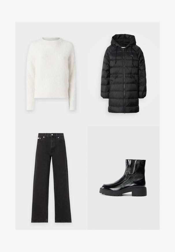 Calvin Klein Jeans Winter coat - black; Cream ribbed knit sweater with a round neckline, long sleeves, and a cropped hem. Soft texture with subtle horizontal lines.; Black wide-leg jeans made of denim, featuring a high-rise waist, five-pocket styling, and a metal button closure with contrasting stitching.; Black ankle boots with a glossy patent leather finish, chunky black rubber sole, and raised heel; includes subtle logo detail on the side.