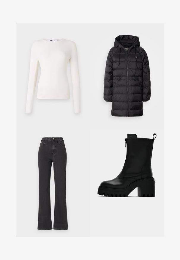 Calvin Klein Jeans Zimski kaput - black; Dugih rukava, rebrasta bijela majica s okruglim izrezom, meke teksture i prilagođenim dizajnom. Bez vidljive hardver ili uzoraka. Glatka površina.; Crne traperice s visokim strukom i proširenim dnom, izrađene od denima, s kopčanjem na dugme, petljama za remen i bočnim džepovima. Glatka tekstura s minimalnim izblijedjenjem.; Crne kožne gležnjače s krupnim potplatom, blok-petom, bočnim zatvaračem i trakicom za povlačenje na stražnjoj strani, na jednostavnoj bijeloj pozadini.