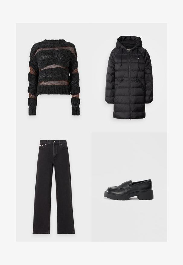 Calvin Klein Jeans Zimski plašč - black; Črni krojeni pulover z teksturiranim pletenjem, ki ima vodoravne odprte pletenine in kontrastne oranžne niti. Dolgi rokavi z rebrastimi manšetami.; Črne široke jeans hlače iz denima, s poudarjenim pasom, petimi žepi in kovinskim gumbom za zapiranje ter kontrastnim šivanjem.; Črne usnjene loafers čevlje z teksturirano površino, ki imajo pravokoten pas čez zgornji del in debel, zarezani dizajn podplata.