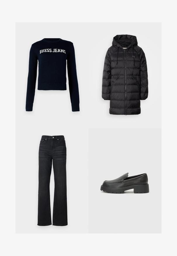 Calvin Klein Jeans - Płaszcz zimowy; Guess Jeans INTARSIA granatowy; Czarne dżinsy o szerokich nogawkach i wysokim stanie, pięć kieszeni w projekcie oraz srebrny metalowy guzik. Materiał ma gładką teksturę i delikatny stretch.; Czarne skórzane mokasyny z zaokrąglonym noskiem, grubą fakturowaną podeszwą oraz minimalnymi detalami szycia. Elegancki design bez widocznych sznurowadeł czy elementów metalowych.