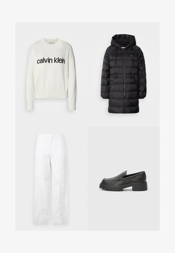 Calvin Klein Jeans Winter coat - black; White knit sweater with a round neckline and long sleeves, featuring a black "calvin klein" logo across the chest. Soft texture, cropped cut.; White wide-leg trousers made of lightweight fabric, featuring a smooth texture, clean lines, and a high waist design.; Black leather loafers with a rounded toe, thick textured sole, and minimal stitching details. Sleek design with no visible laces or hardware.