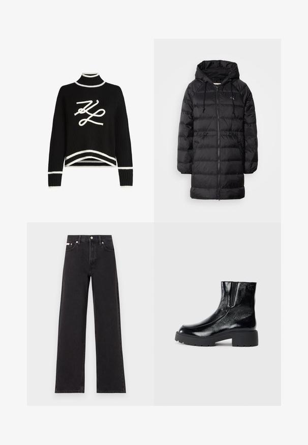 Calvin Klein Jeans Wintermantel - black; Zwart gebreid sweater met een hoge hals, witte accenten bij de mouwen en de zoom, met een opvallende witte logo-afbeelding op de voorkant.; Zwarte wijde spijkerbroeken van denim, met een hoge taille, vijf-pocket stijl en een metalen knoopsluiting met contrasterende stiksels.; Zwarte enkellaarsjes met een glanzende lakleren afwerking, chunky zwarte rubberen zool en verhoogde hak; inclusief subtiele logo-detail aan de zijkant.