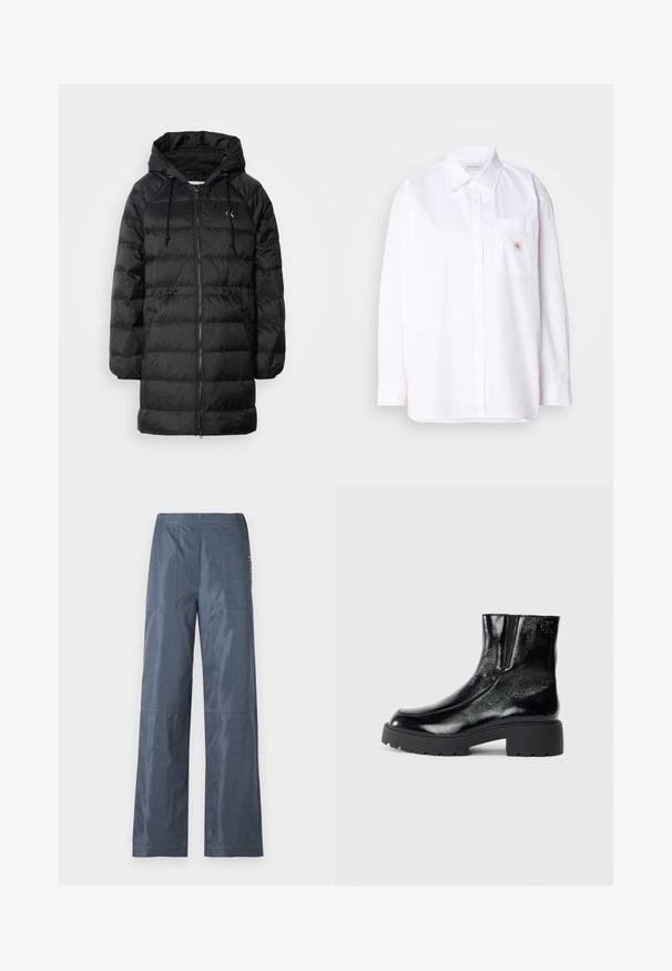 Calvin Klein Jeans Téli kabát - black; Fehér pamut gombos ing hosszú ujjakkal, mellzsebkendővel és egy kicsi CK logóval a zseben. Sima textúra és testre szabott fazon.; Sötétszürke, széles lábú nadrág, sima anyagból készült. Két elülső zsebe és varrott részletezése van az illesztéseknél.; Fekete bokacsizmák fényes lakkbőr felülettel, vastag fekete gumitalppal és megemelt sarokkal; oldalon diszkrét logó részlettel.