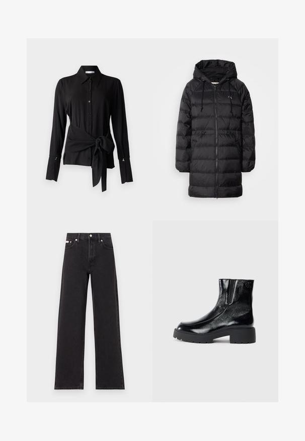 Calvin Klein Jeans Žieminis paltas - black; Patrizia Pepe SHIRT - Užsagstoma palaidinė - nero; Juodos plačios kojų džinsai, pagaminti iš džinsinio audinio, su aukštu liemeniu, penkių kišenių stiliumi ir metaline sagte su kontrastingo siuvimo detalėmis.; Juodi kulkšniniai batai su blizgia lakuota oda, storu juodu guminio pado ir pakeltu kulnu; šone yra subtilus logotipo detalė.