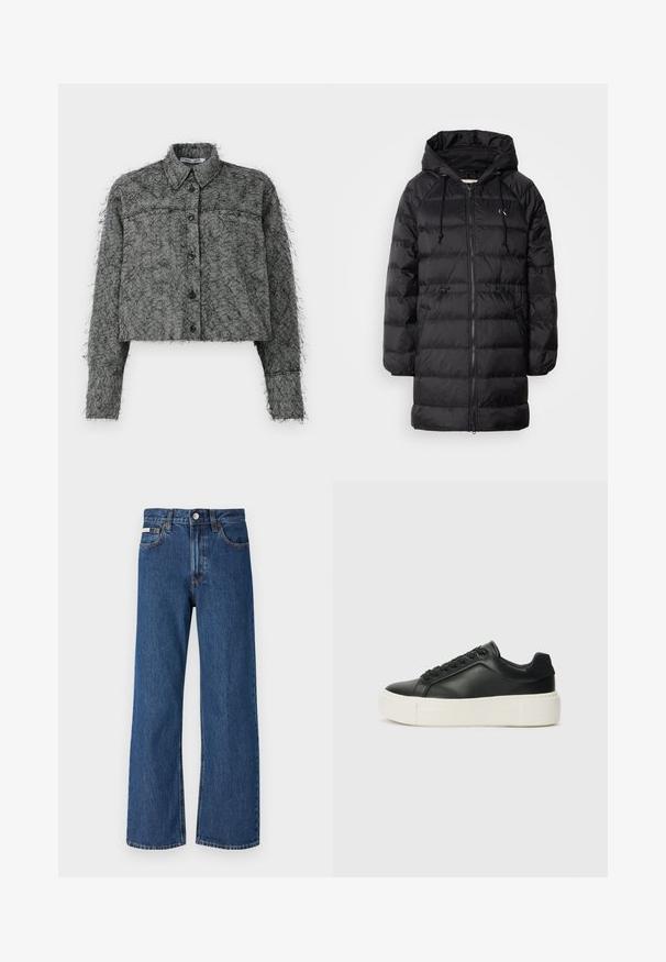 Calvin Klein Jeans Vinterkåpe / -frakk - black; Svart og grå siksak-kort jakke med knappelukking, lange ermer og klassisk krage med en teksturert, fuzzy finish.; Blå denimjeans med høy midje, rett ben-design og subtil utvanning. Har en frontknapp, beltehemper og klassisk fem-lomme-stil.; Sorte lær sneakers med rund tå, hvit plattformsåle og svarte snøring. Har en subtil logo på hælen og jevn tekstur.