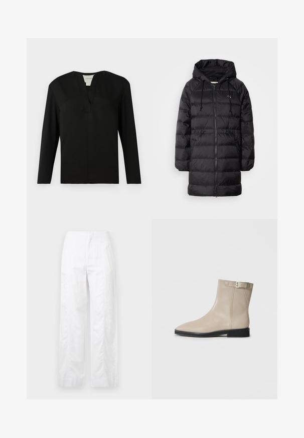 Calvin Klein Jeans Casaco de inverno - black; Top preto de mangas longas feito de tecido suave. Apresenta um decote com corte a direito e um design minimalista com um corte reto e sem embellishments.; Calças brancas de perna larga feitas de um tecido leve, com uma textura suave, linhas limpas e um design de cintura alta.; Bota de tornozelo em couro bege com bico fino, sola preta, salto baixo e faixa com fivela dourada no lado externo, apresentada sobre fundo branco.