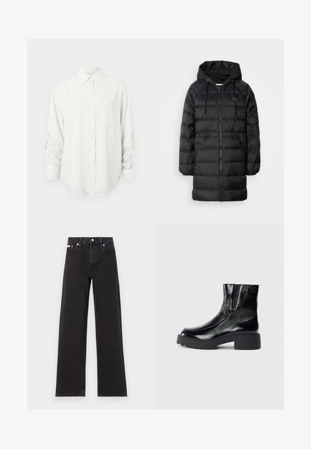 Calvin Klein Jeans Manteau d'hiver - black; Chemise blanche à manches longues avec col, poche poitrine unique et manches retroussées. Tissu doux et lisse avec une coupe décontractée.; Jeans noirs à jambes larges en denim, avec une taille haute, une coupe à cinq poches et une fermeture à bouton en métal avec des coutures contrastantes.; Bottines noires avec une finition en cuir verni brillant, semelle en caoutchouc noir épaisse et talon surélevé ; inclut un détail de logo subtil sur le côté.