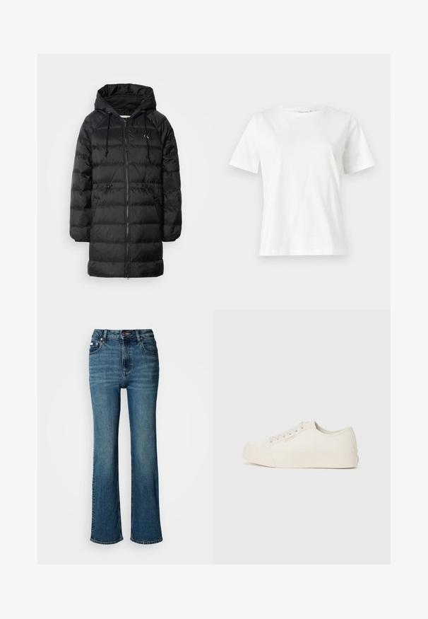 Calvin Klein Jeans Wintermantel - black; Weißes Baumwoll-T-Shirt mit kurzen Ärmeln, Rundhalsausschnitt und lockerer Passform. Glatte Textur, keine Muster oder Akzente, minimalistisches Design.; Hochtaillierte blaue Jeans aus Denim mit geradem Bein, dezentem Verblassen und einem standardmäßigen Knopf- und Reißverschluss.; Sneaker aus off-weißem Canvas, mit einem Low-Top-Design, runder Zehenpartie und flacher Gummisohle mit dezenten Nähdetails.