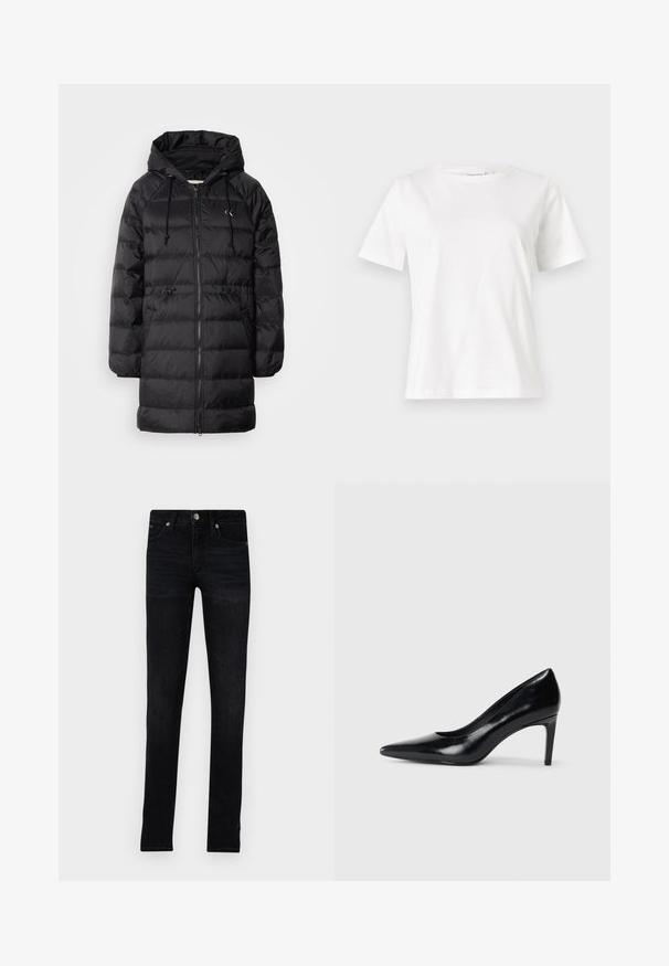 Calvin Klein Jeans Casaco de inverno - black; T-shirt de algodão branco com mangas curtas, decote redondo e um corte descontraído. Textura suave, sem padrões ou detalhes, design minimalista.; Jeans pretos skinny feitos de denim, com cinco bolsos, fecho com zipper e um leve desgaste para textura e interesse visual.; Sandalha de salto alto em couro preto com bico apontado, textura lisa e salto afilado. Design minimalista, sem embellishments adicionais.