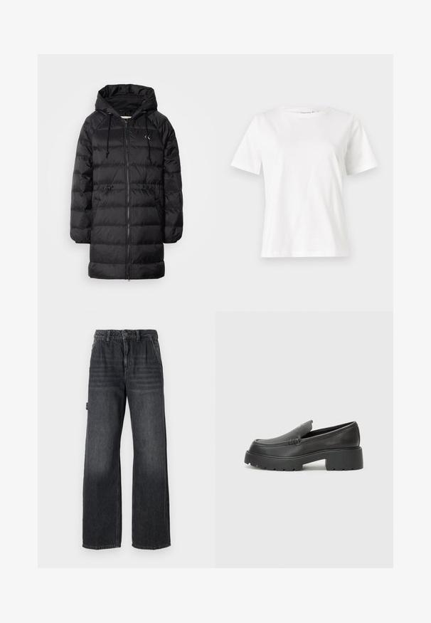 Calvin Klein Jeans Žieminis paltas - black; Balta medvilninė marškinėliai trumpomis rankovėmis, su apvalia iškirpte ir laisvu siluetu. Lygi tekstūra, be raštų ar akcentų, minimalistinis dizainas.; Aukštos juosmens platus džinsai tamsiai pilko džinsinio audinio, su priekinėmis kišenėmis ir švelniu dėvėjimosi efektu šlaunų srityje. Išskirtinis siuvimo detalizavimas.; Juodi odiniai loaferiai su apvaliu pirštu, storu tekstūruotu padu ir minimaliu siūlių dekoru. Išskirtinis dizainas be matomų raištelių ar furnitūros.