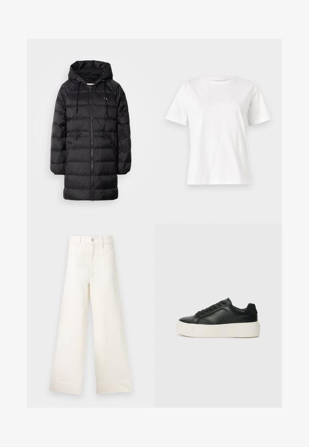 Calvin Klein Jeans Vinterfrakke - black; Hvid bomulds t-shirt med korte ærmer, rund halsudskæring og en afslappet pasform. Glat tekstur, ingen mønstre eller accenter, minimalistisk design.; Bredde benbukser i lys beige bomuld. Har høj talje, for- og baglommer samt lige pasform. Renset kantafslutning uden mønstre.; Sort lædersneaker med rund tå, hvid platformssål og sorte snørebånd. Har et diskret logo på hælen og en glat overflade.