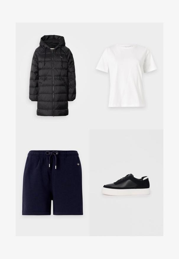 Calvin Klein Jeans Žieminis paltas - black; Balta medvilninė marškinėliai trumpomis rankovėmis, su apvalia iškirpte ir laisvu siluetu. Lygi tekstūra, be raštų ar akcentų, minimalistinis dizainas.; Tamsiai mėlynos medvilninės šortai su elastine juosta, raišteliais ir sidabro metaliniais akcentais. Paprastas dizainas, be matomų raštų.; Juodi sportbačiai su lygiu oda ir zomšinėmis detalėmis, plokščiomis raišteliais, apvaliu walko ir balta guma iš baze. Išskirtinė logotipas ant kulno.